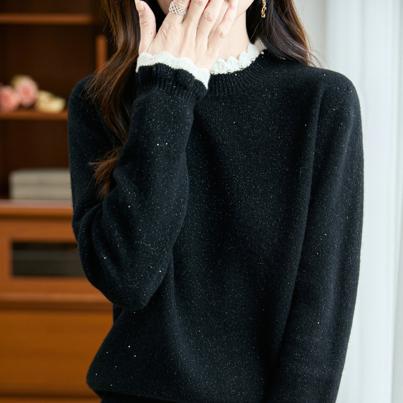 秋冬季新款纯色抽条欧根纱木耳领毛衣女内搭羊毛针织打底衫女|undefined