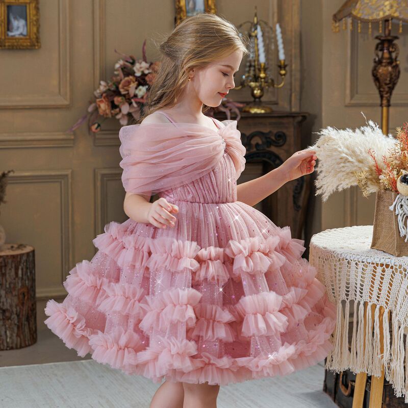 Cross-Border Foreign Trade One-Shoulder Cake Dress Children's Birthday Dinner Holiday Piano Host Dress Flower Girl Princess Dress Cross-Border Foreign Trade One-Shoulder Cake Dress Children's Birthday Dinner Holiday Piano Host Dress Flower Girl Princess Dress