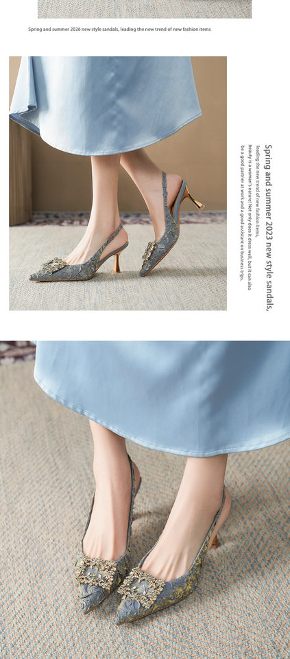 Sandal nữ bít mũi mũi nhọn gót mảnh 6–8 cm, quai ngang khóa vuông, chất liệu lụa satin xếp nếp — Màu be, Màu xanh dương, Vàng hồng, màu đen chi tiết 9