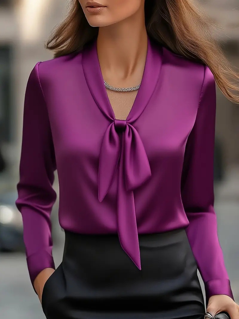 Elegante Satinbluse mit Bindeband vorne – Langarmbluse aus Polyester für Damen, geeignet für Büro und Abend (einfarbig, S-XXL, schmale Passform)_voghion.com