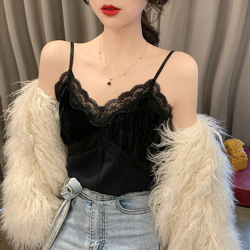 Lace fringe organza velvet spaghetti strap camisole top as inner layer basic shirt, autumn new women's Korean style top