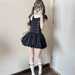 千金风蝴蝶结波点连衣裙女夏季复古小个子收腰显瘦气质蓬蓬短裙子