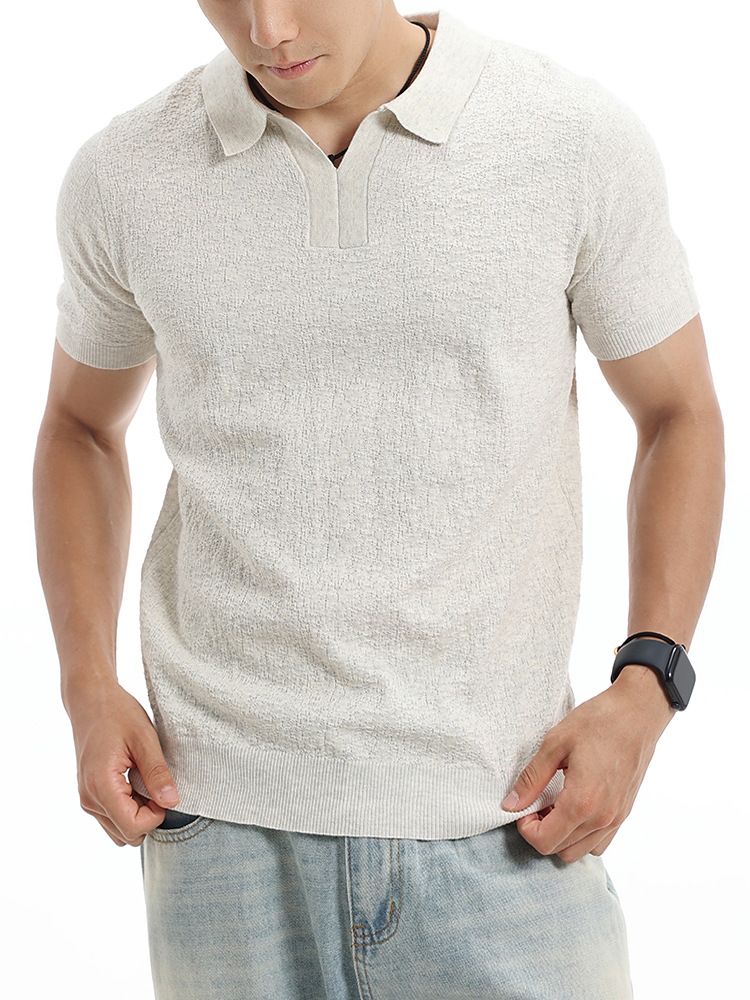 Europa y América transfronterizos textural hombre polo cuello V de punto de manga corta negocios casual alta sensación de ropa de hombre