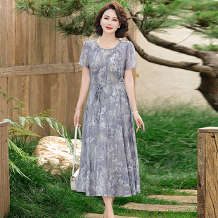 Mom's Summer Dress 2025 New Summer Fashion Middle-Aged Style Slim Fit Versatile Round Neck Dress
