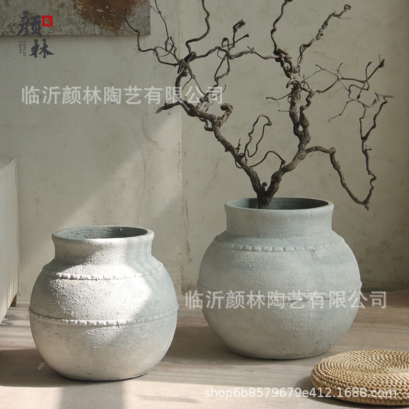 Vento tranquilo, maceta de flores redonda de gran vientre Retro hace viejos jarrones decorativos de sala de estar de hotel de alto nivel de lujo ligero gran maceta de flores de cemento