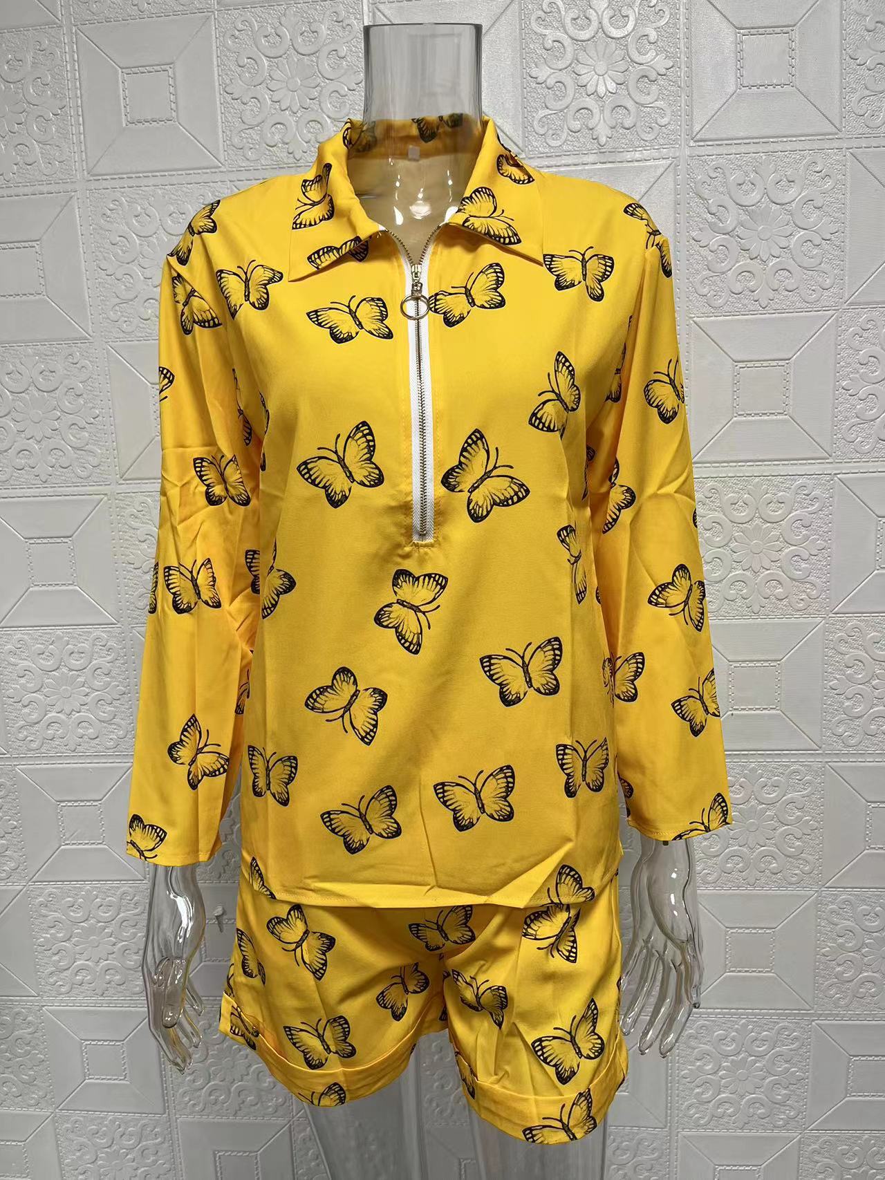 Ensemble deux pièces pour femmes, haut à manches longues, short imprimé avec fermeture éclair, nouvelle collection automne 2024_voghion.com