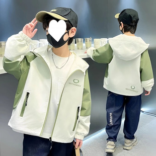 Boys' Spring and Autumn Jacket 2025 New Spring and Autumn Style for Older Children, Trendy and Cool Color-Blocking Outdoor Hooded Jacket