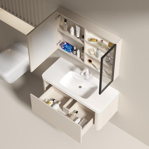 Cream style solid wood bathroom cabinet combination ceramic integrated basin milk coffee color arc sensor lamp Meijia Bathroom 3004