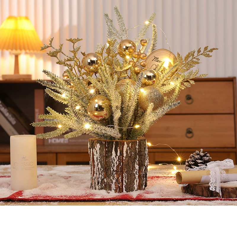 small decorative Christmas tree (bark base), tabletop floral ornament, 25×15×12 cm, light variants