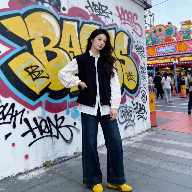 In Early Spring, Wear a Complete Set of Korean-Style Outfits: a Beige Shirt Layered with a Vest Jacket and Wide-Leg Jeans, a Three-Piece Set for Women In Early Spring, Wear a Complete Set of Korean-Style Outfits: a Beige Shirt Layered with a Vest Jacket and Wide-Leg Jeans, a Three-Piece Set for Women