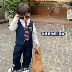 Children's 2023 Spring College Style Set for Boys, Stylish School Uniform Suit Three-Piece Set, Baby Tie Formal Dress Performance Suit