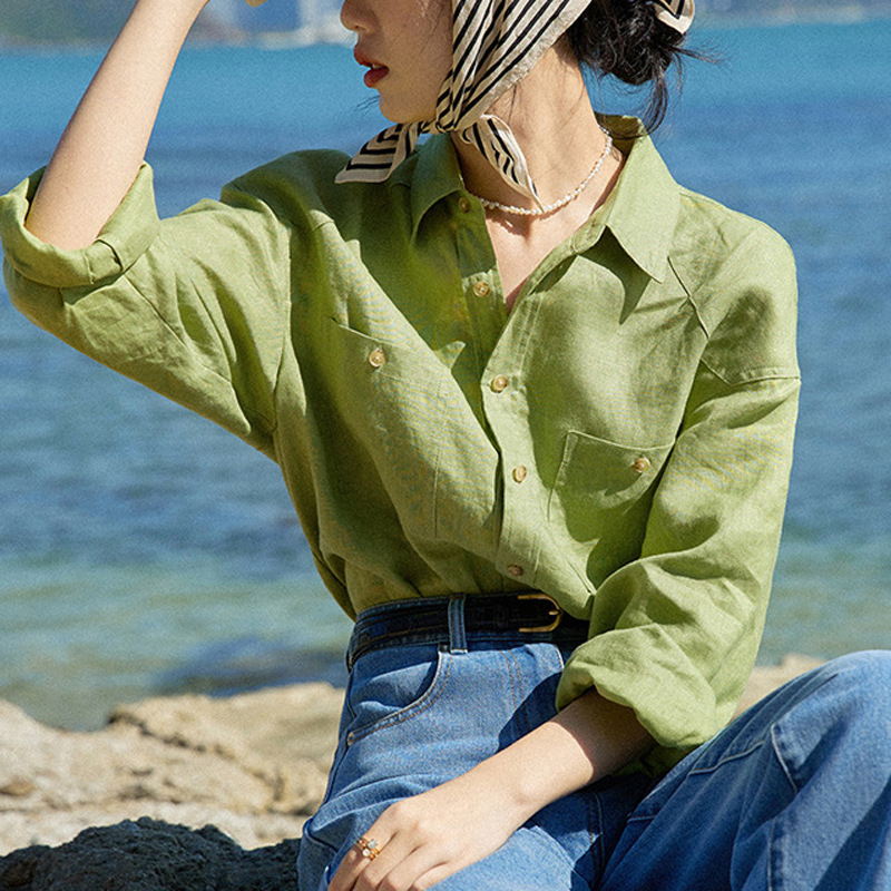 Beautiful Emperor 14 Packs All Linen Green Long Sleeve Salt Shirt Women's Early Spring New Casual Loose Shirt