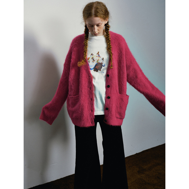 [Da He] Winter New Casual Brushed Alpaca Wool V Neck Pure Color Soft and Waxy Relaxed Woolen Cardigan for Women H0016