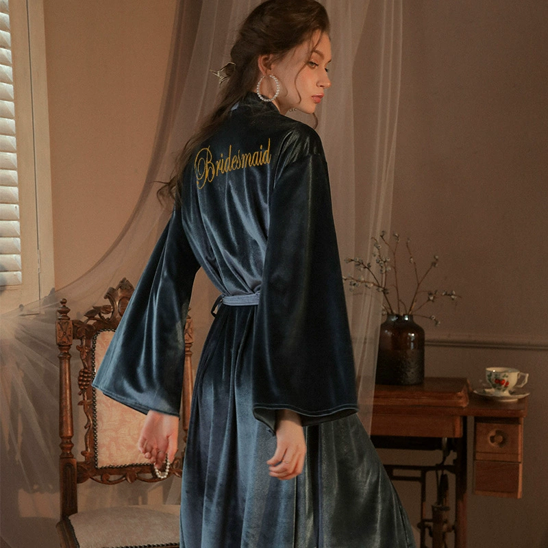 Velvet длинный осенний халат для невесты, красный пижама, для подружек невесты
