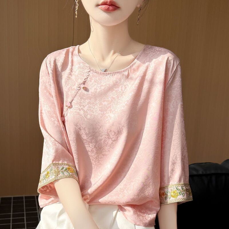 2026 New Chinese Style Round Neck Embroidered Loose Top National Style Shirt Summer Thin Satin Jacquard Shirt Base Layer Trend 2026 New Chinese Style Round Neck Embroidered Loose Top National Style Shirt Summer Thin Satin Jacquard Shirt Base Layer Trend