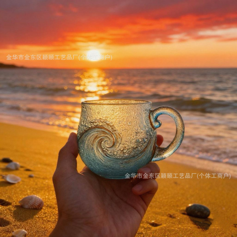 跨境新品Handcrafted Ocean Wave Glass Mug 海浪咖啡杯马克杯|undefined