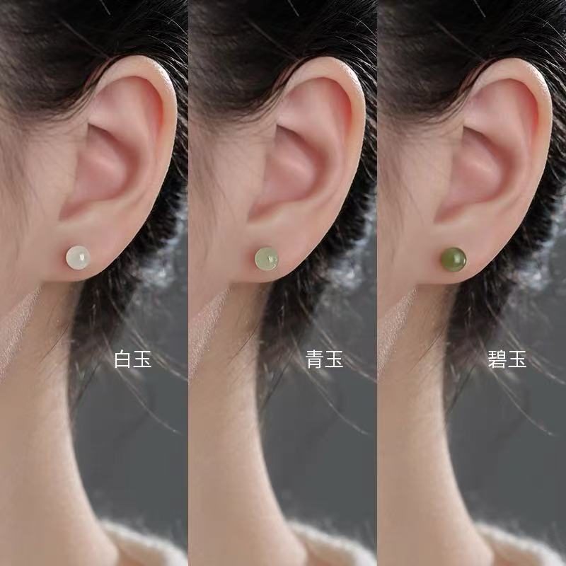 925 Sterling Silver Needle Hetian Jade Earrings 2025 New Popular Earrings Women's Niche High-End Accessible Luxury Earrings