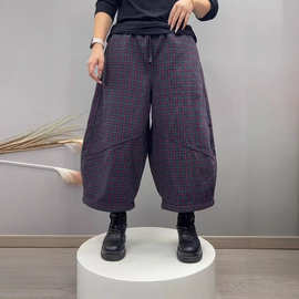 2025冬韩版宽松复古风撞色格纹松紧腰加绒八分裤百搭休闲裤女9133