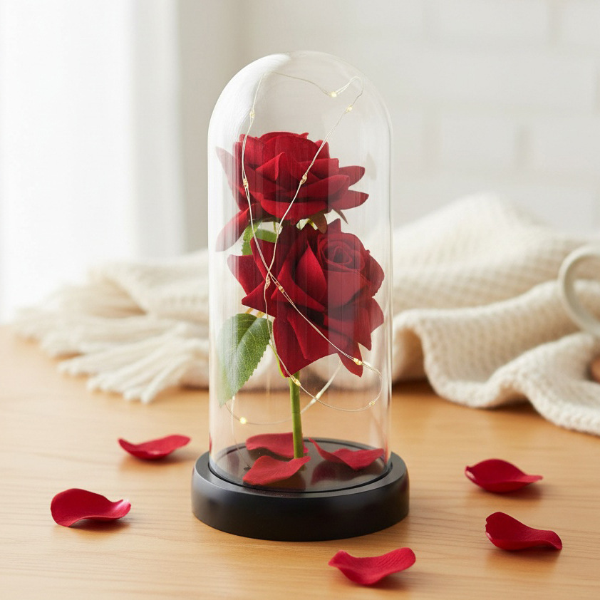 2 rosas rojas + pétalos + fondo negro