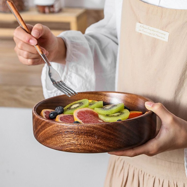 Walnut Wood Solid Wood Anti-scalding Round Salad Bowl, Hotel-grade...