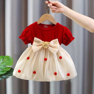 2025 summer new style gauze skirt big bow fur ball long sleeve dress girls gauze skirt dress small skirt