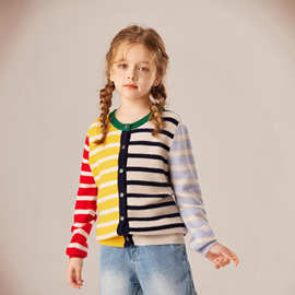 厂家跨境女童毛衣2025秋冬新款儿童条纹拼色开衫简约洋气保暖上衣