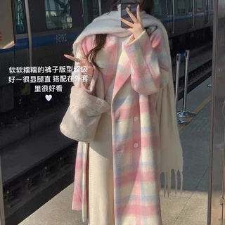 格纹毛呢外套女冬2024年新款高级感小香风中长款甜美温柔呢子大衣