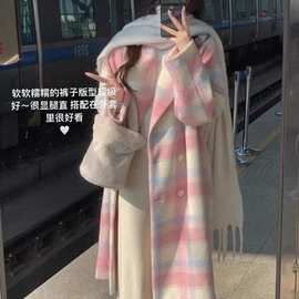 格纹毛呢外套女冬2024年新款高级感小香风中长款甜美温柔呢子大衣