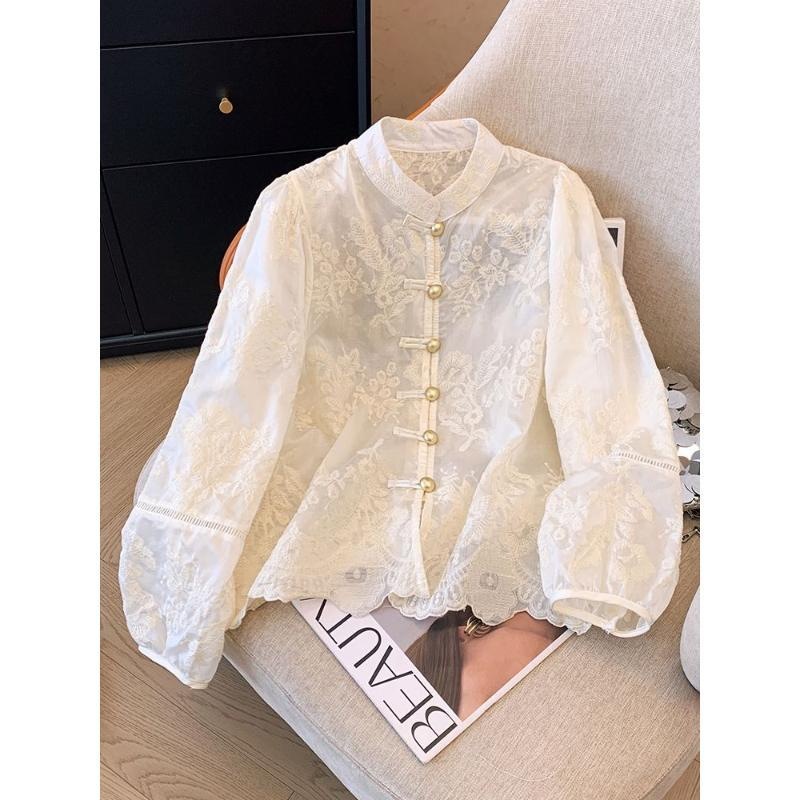 2026 primavera nueva moda china de estilo nacional de mujer de cuello de encaje camisa de blusa de bordado pesado camisa de protección solar image 5