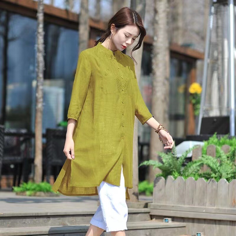 Summer New Style Navy Blue Cotton and Linen Three-Quarter Sleeve Shirt Women's Mid-Length Retro Embroidered Top Summer New Style Navy Blue Cotton and Linen Three-Quarter Sleeve Shirt Women's Mid-Length Retro Embroidered Top