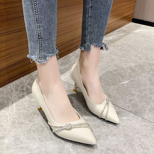 Spring/Autumn New Korean Style Water Diamond Pointed Toe Single Shoes for Women, Slim Heel, Fashionable and Versatile French Fairy Shoes, High Heels for Women