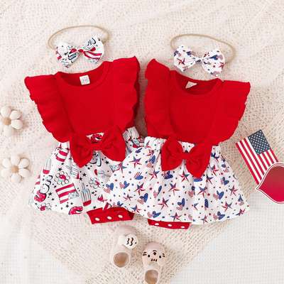 Baby bow jumpsuit baby girl Red pit top matching Independence Day printed skirt romper dress