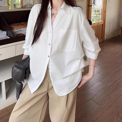 韩系设计感V领泡泡袖白色衬衫女装夏季2025新款宽松显瘦收腰上衣