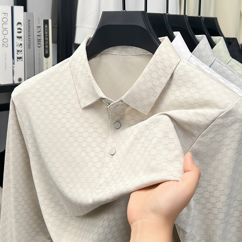 2026 Autumn Hot-Selling Men's Long-Sleeve POLO Shirt, Fashionable Business Casual Breathable Plaid Turn-Down Collar Base T-Shirt for Men