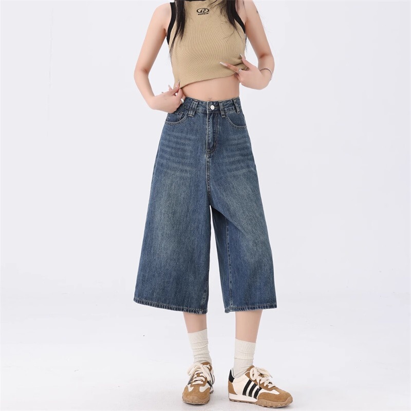 アメリカンレトロブルーワイドレッグデニムクロップドパンツ女性のための夏の2025新しいハイウエストスリムストレートショートパンツ|undefined