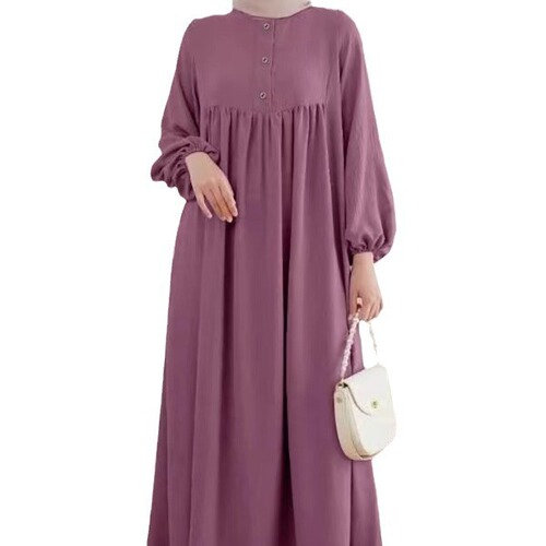Malay Muslim women's clothing solid color robe loose dress fashionable casual lantern sleeve long dress elegant