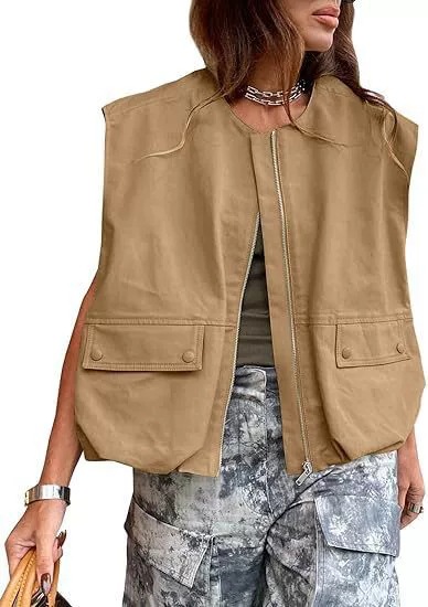 Amazon transfronterizo 2025 Europa y los Estados Unidos nueva moda sin mangas bolsillo versión suelta chaleco de cremallera de color sólido chaqueta de mujer image 14