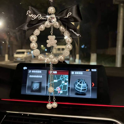 Internet Celebrity Goddess Car Pendant Car Hanging Jewelry Imitation Pearl Bear Love Star Four-leaf Clover Rearview Mirror Hanging Decoration (Car hanging) - bead-pendant-bear