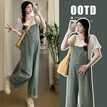 孕妇背带裤春夏2025新款时尚宽松牛仔阔腿背带裤纯棉T恤春装套装