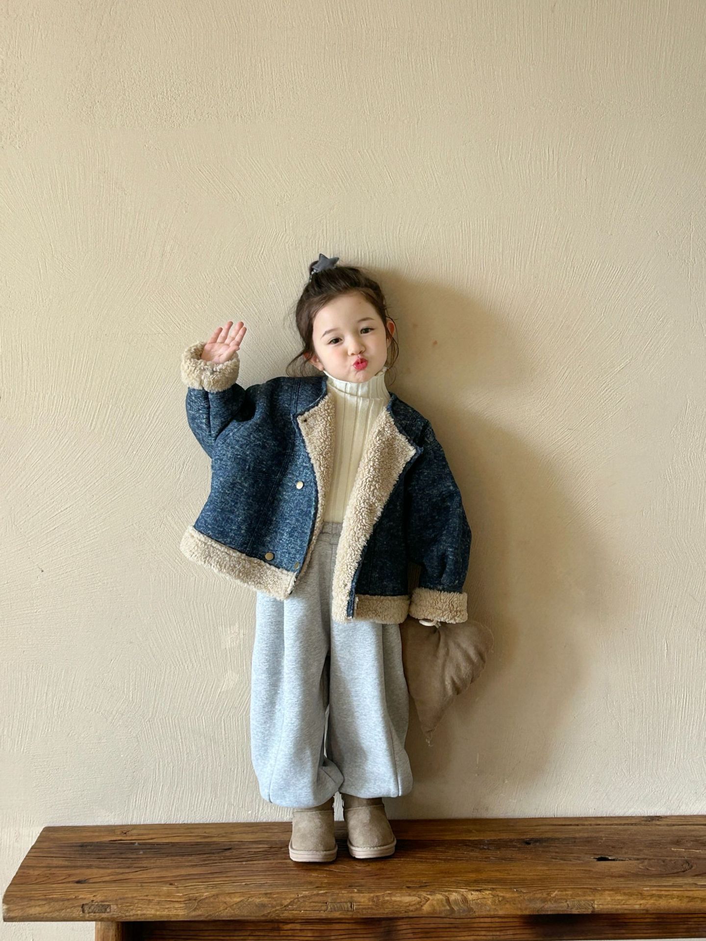 2024 winter new children‘s clothing korean style children‘s clothing boys and girls fashion lamb wool composite denim coat overcoat
