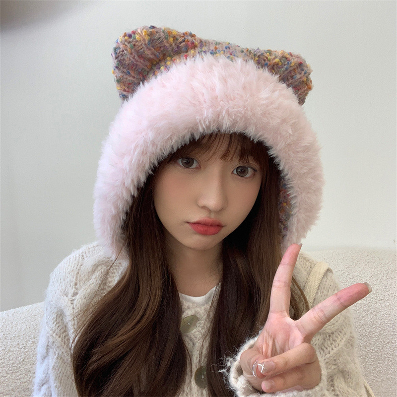New Korean Version Of Little Bear Ear Knitted Hat With Knitted Yarn For Children's Winter Face Show, Small Plush, Cute, Warm, Big Head Cover Ear Hat_voghion.com