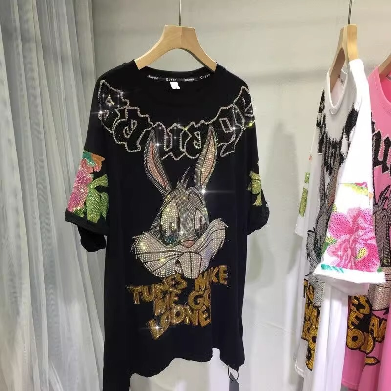 Extra Large Size 1.0-150kg Plus Size Heavy Industry Hot Diamond Short-Sleeved T-Shirt Women's Round Neck Peony Flower Rabbit Fashionable Top Extra Large Size 1.0-150kg Plus Size Heavy Industry Hot Diamond Short-Sleeved T-Shirt Women's Round Neck Peony Flower Rabbit Fashionable Top
