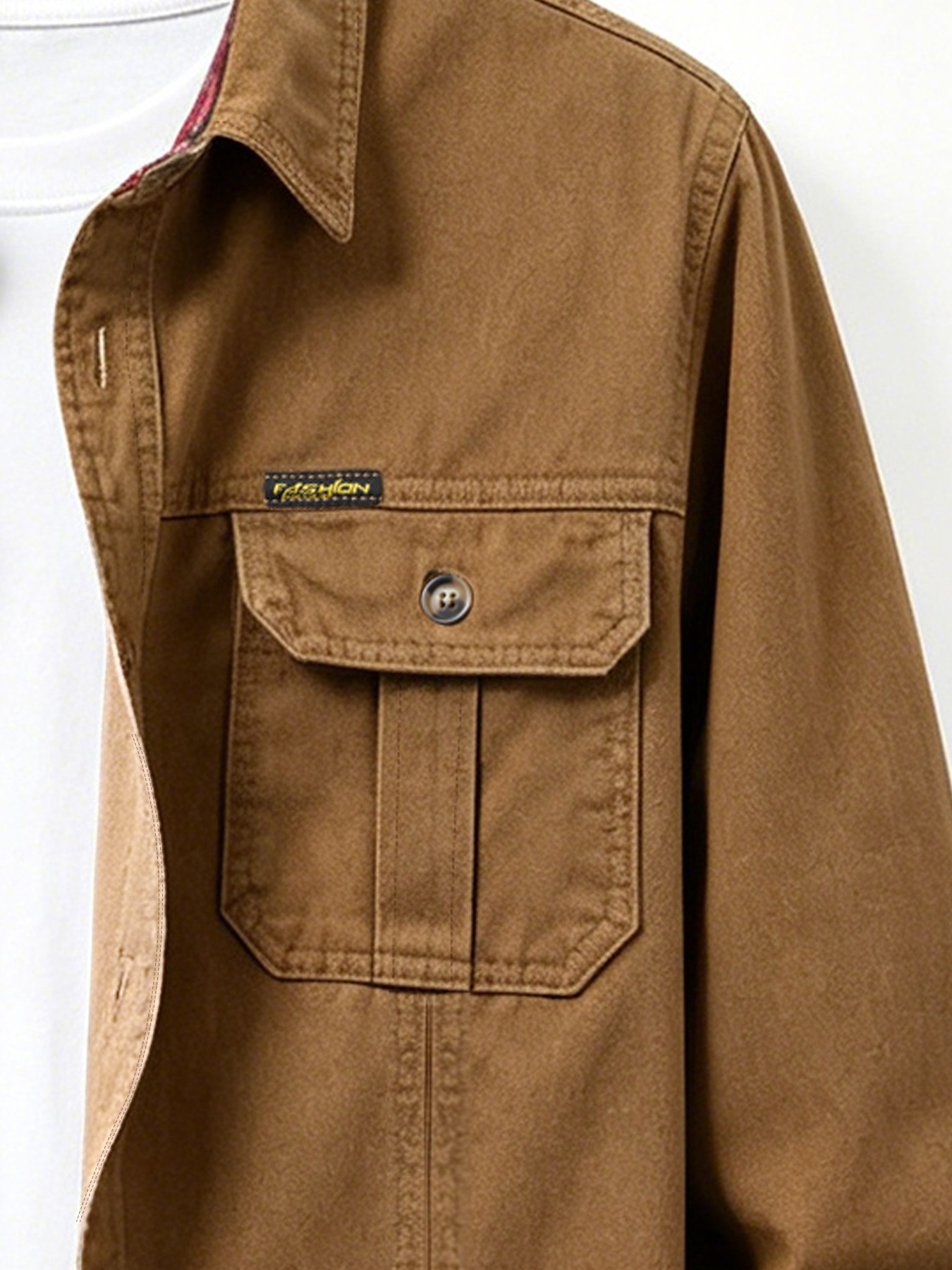 ​​Men's Casual Brown Denim Shirt, Stretch Comfort Vintage Style Long Sleeve Shirt With Multiple Pockets For Daily Wear​​_viptrois.com