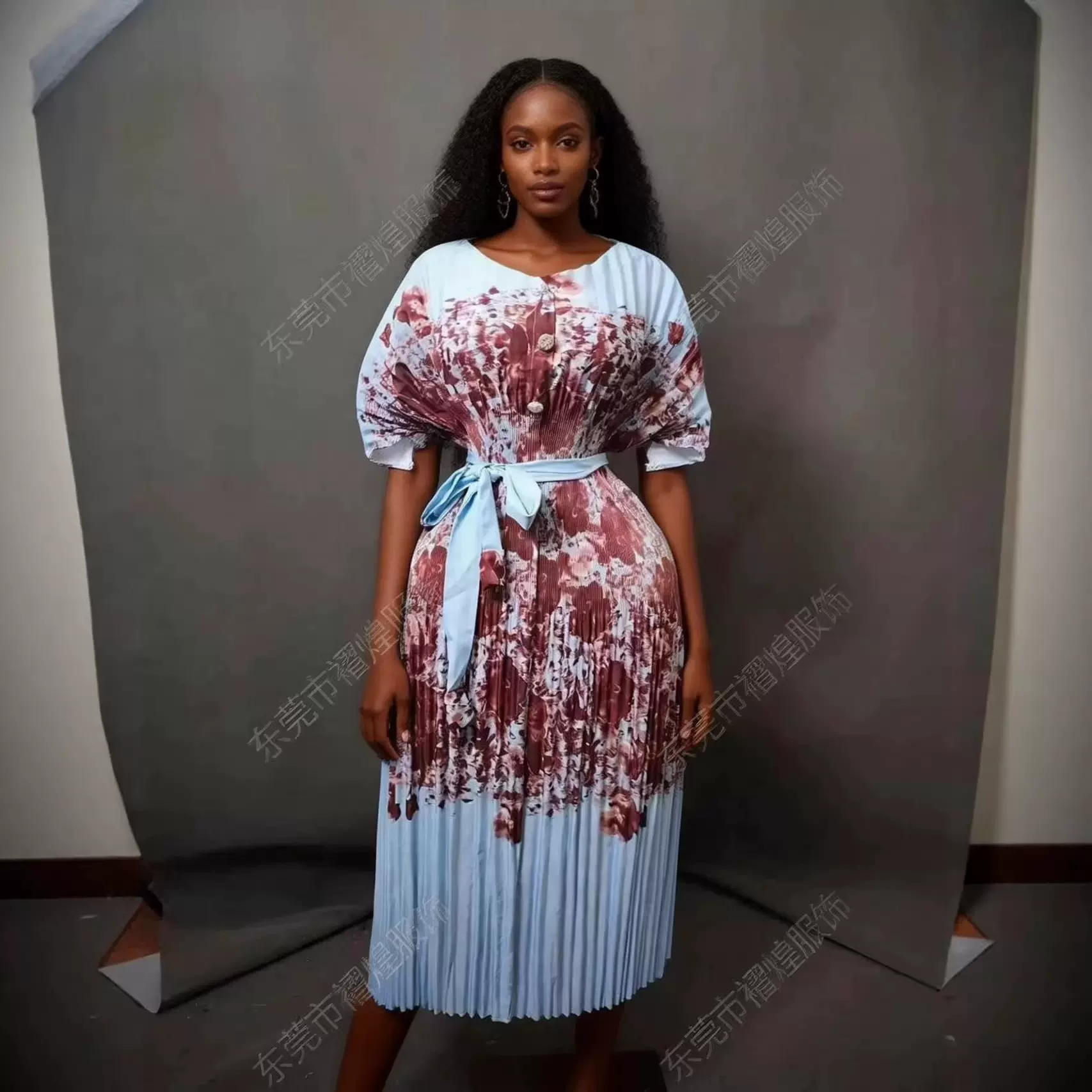 厂家批发三宅褶皱连衣裙时尚印花收腰设计大码女装跨境欧美非洲