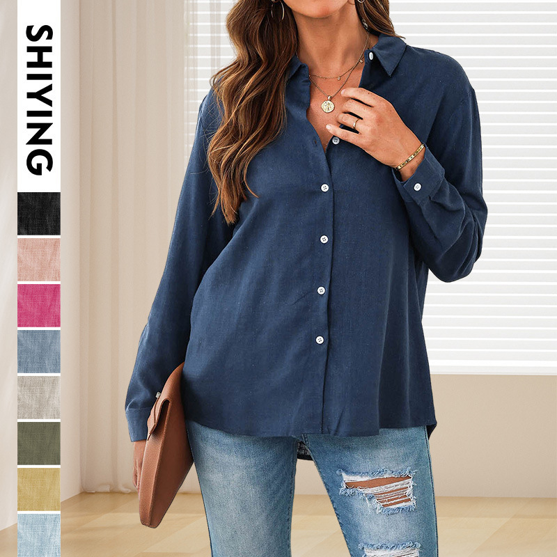 Trendy Solid Color Women's Shirt Spring/Summer New European and American Style Buttoned Turn-Down Collar Loose Cotton Linen Cardigan Top Women's Cross-Border Clothing