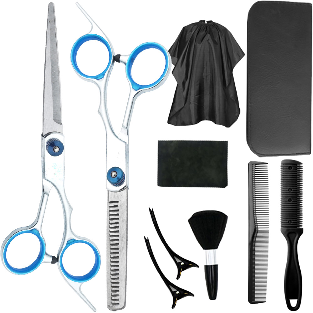 Un conjunto completo de tijeras de corte de pelo al por mayor, tijeras de dientes delgadas profesionales, tijeras planas de reparación de cabello, tijeras para el hogar, fabricantes de herramientas de tijeras para el cabello