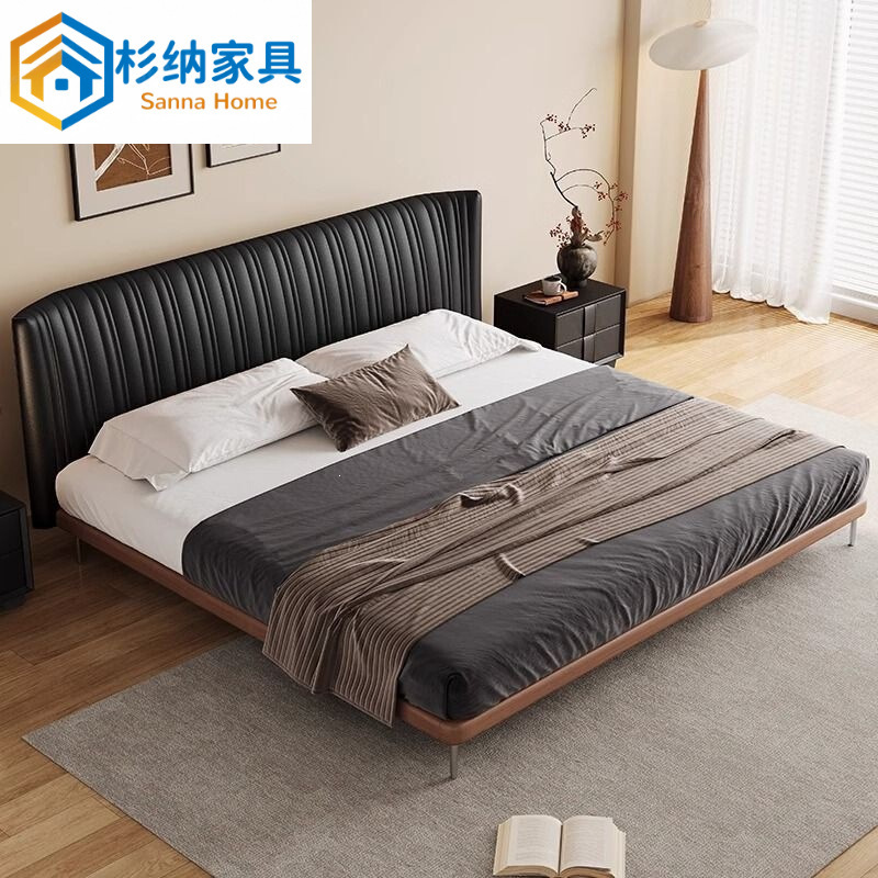 Mid-century style shell-patterned leather bed, Italian minimalist design, luxurious double bed for home use, large leather bed with solid wood frame and soft leather upholstery
