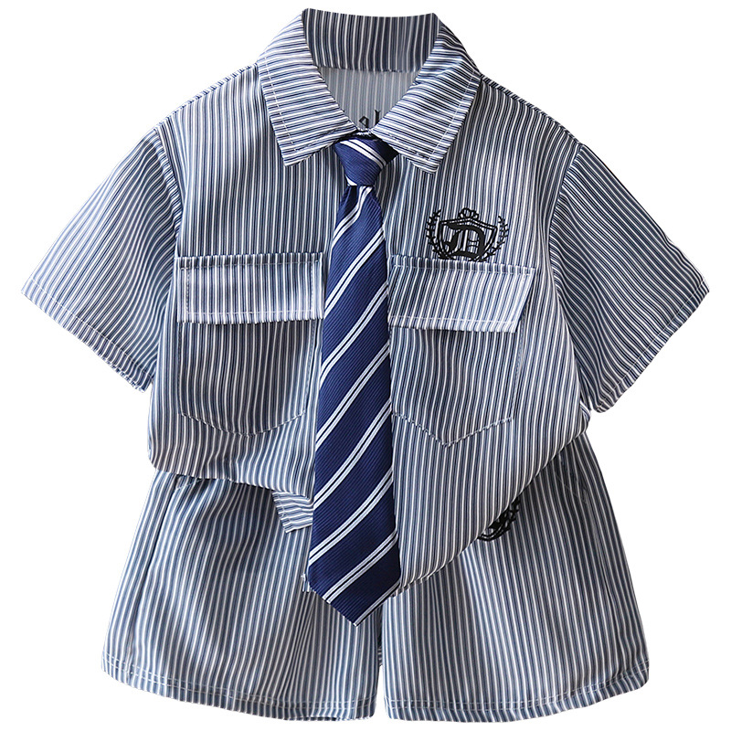 7183 traje de camisa a rayas para niños 2025 nueva ropa de estilo universitario de manga corta para niños de dos piezas de verano occidental