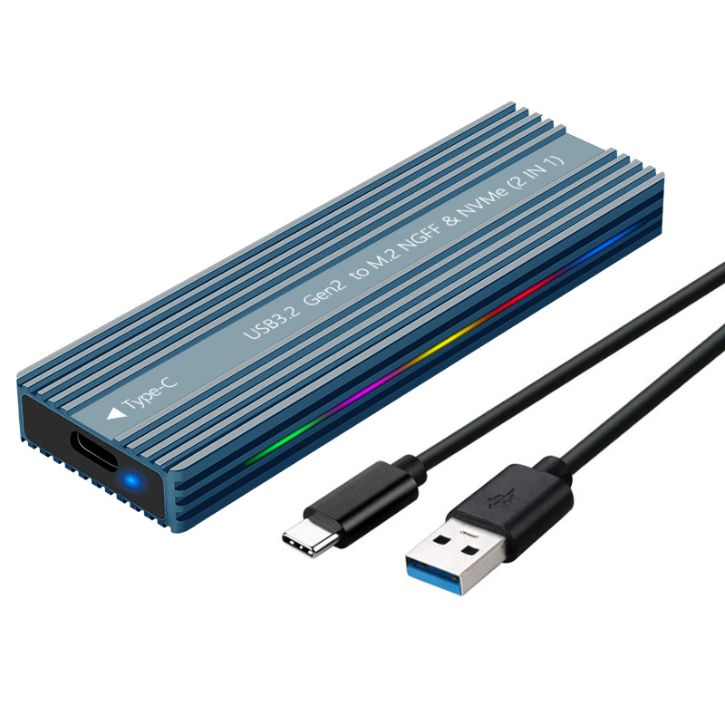 M.2固態硬盤盒Type-C3.1NGFF/MVMe雙協議RGB燈光鋁合金移動硬盤盒