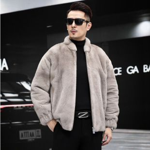 Haining new imported silver Blue Mink coat men's whole mink baseball collar zipper casual mink coat fashion